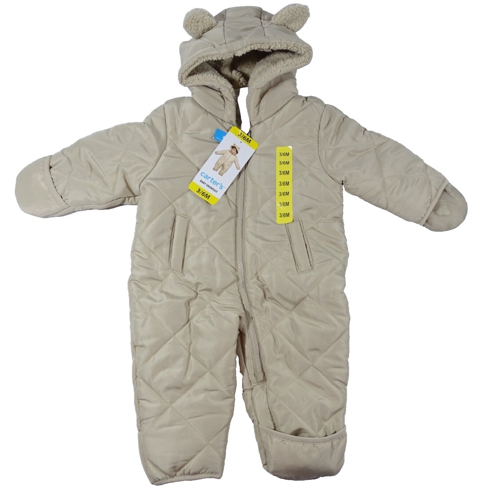 Carters Baby Pram Suit Snowsuit 3/6 Month Foldover Cuffs for Hand Feet Khaki NWT